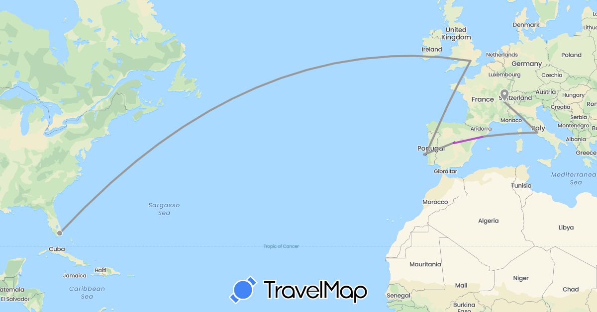 TravelMap itinerary: driving, plane, train in Switzerland, Spain, United Kingdom, Italy, Portugal, United States (Europe, North America)